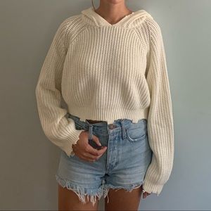 Distressed Cropped Knit Pullover Sweater